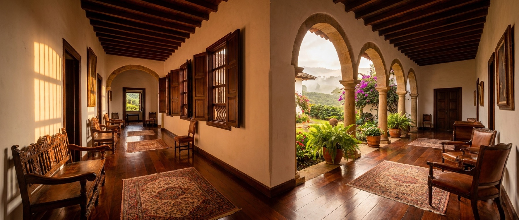 Corredor colonial restaurado de la hacienda con vista al jardín y la montaña