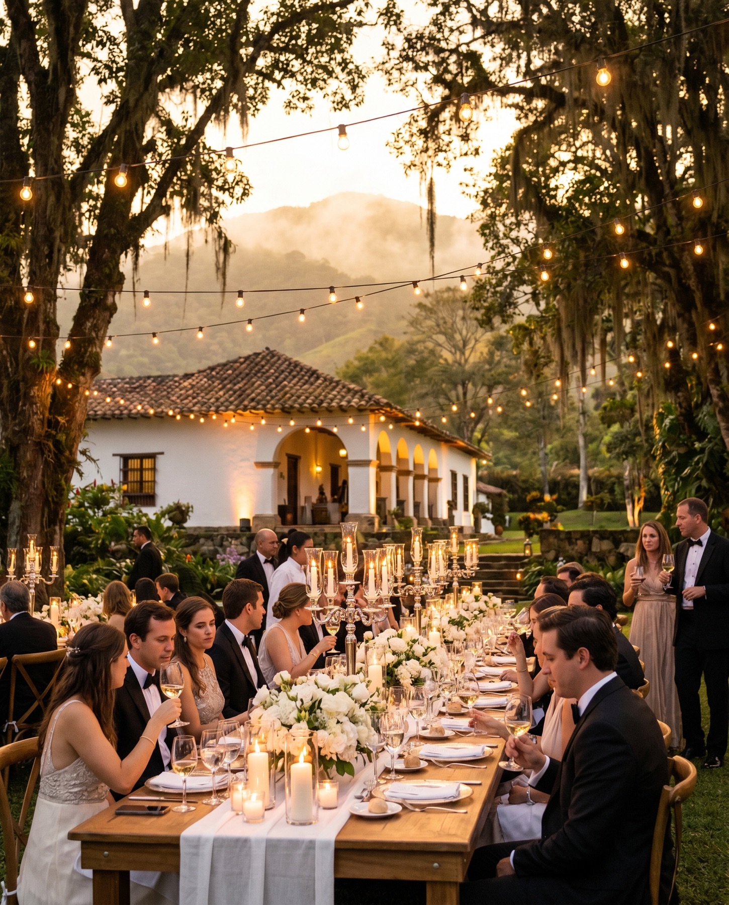 Celebración al atardecer en el jardín de la hacienda con velas y luces