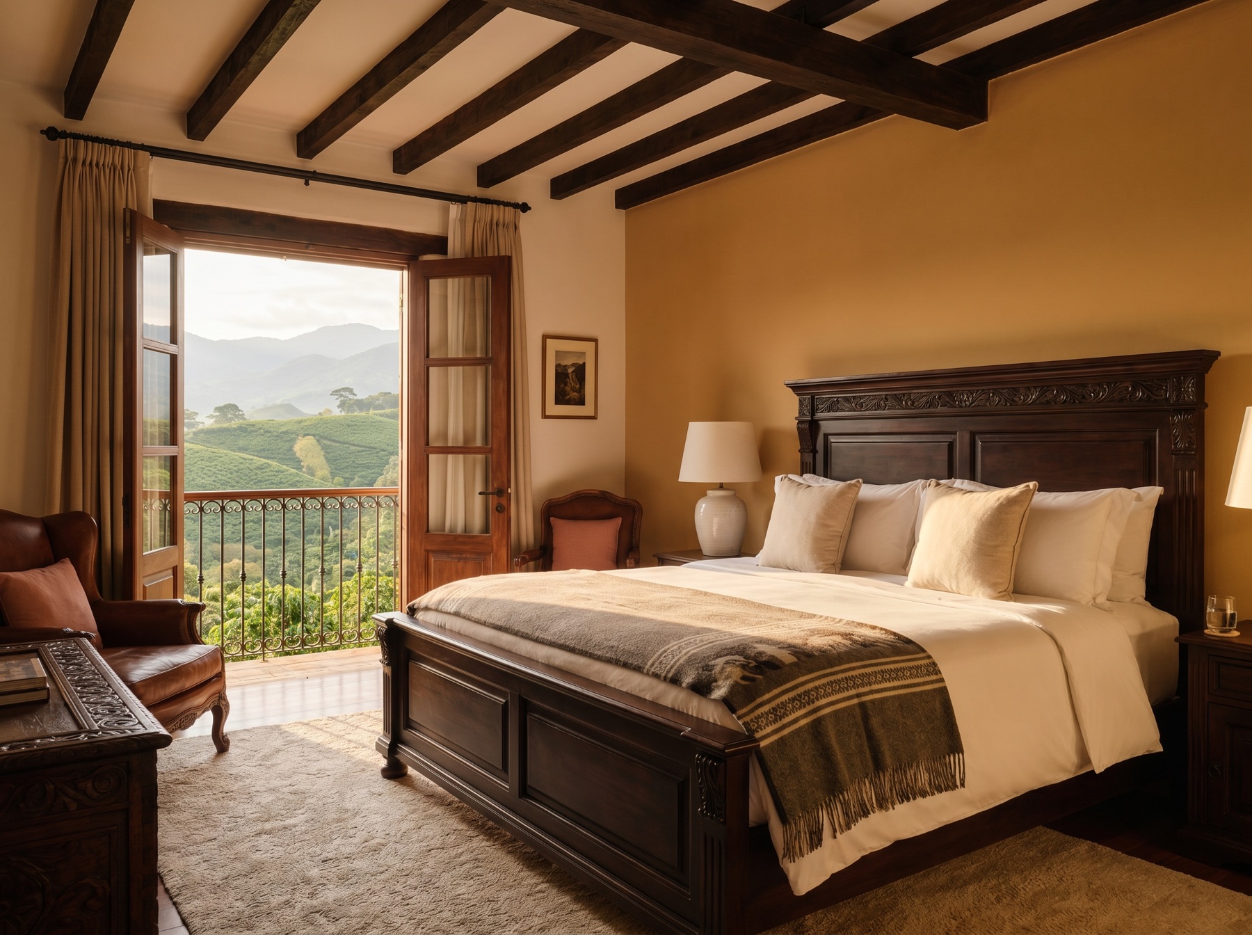 Habitación con cama de madera y balcón con vista a la montaña