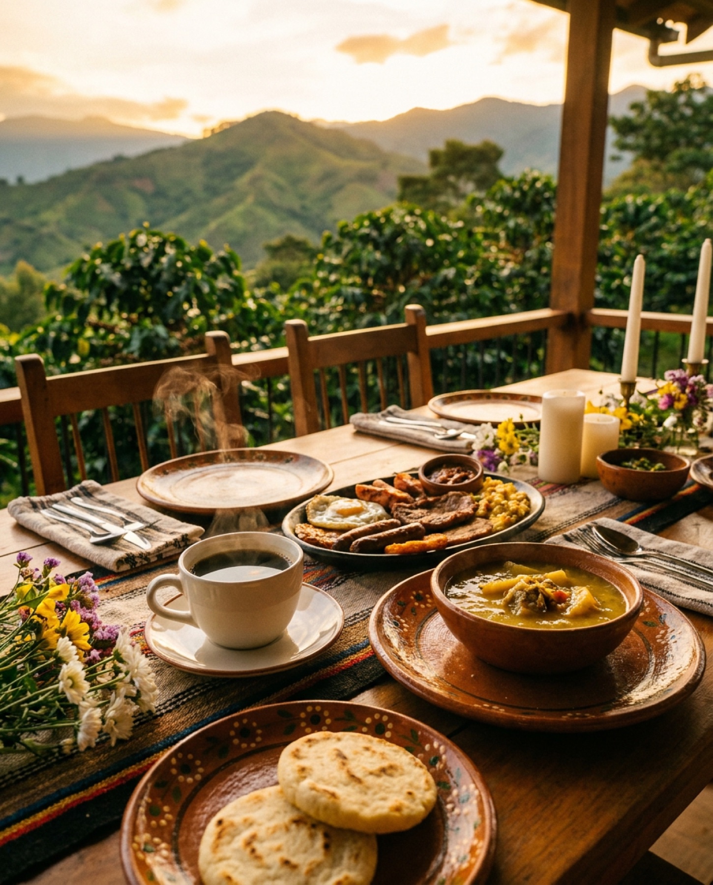 Mesa servida en la terraza del restaurante con vista a la montaña y una taza de café