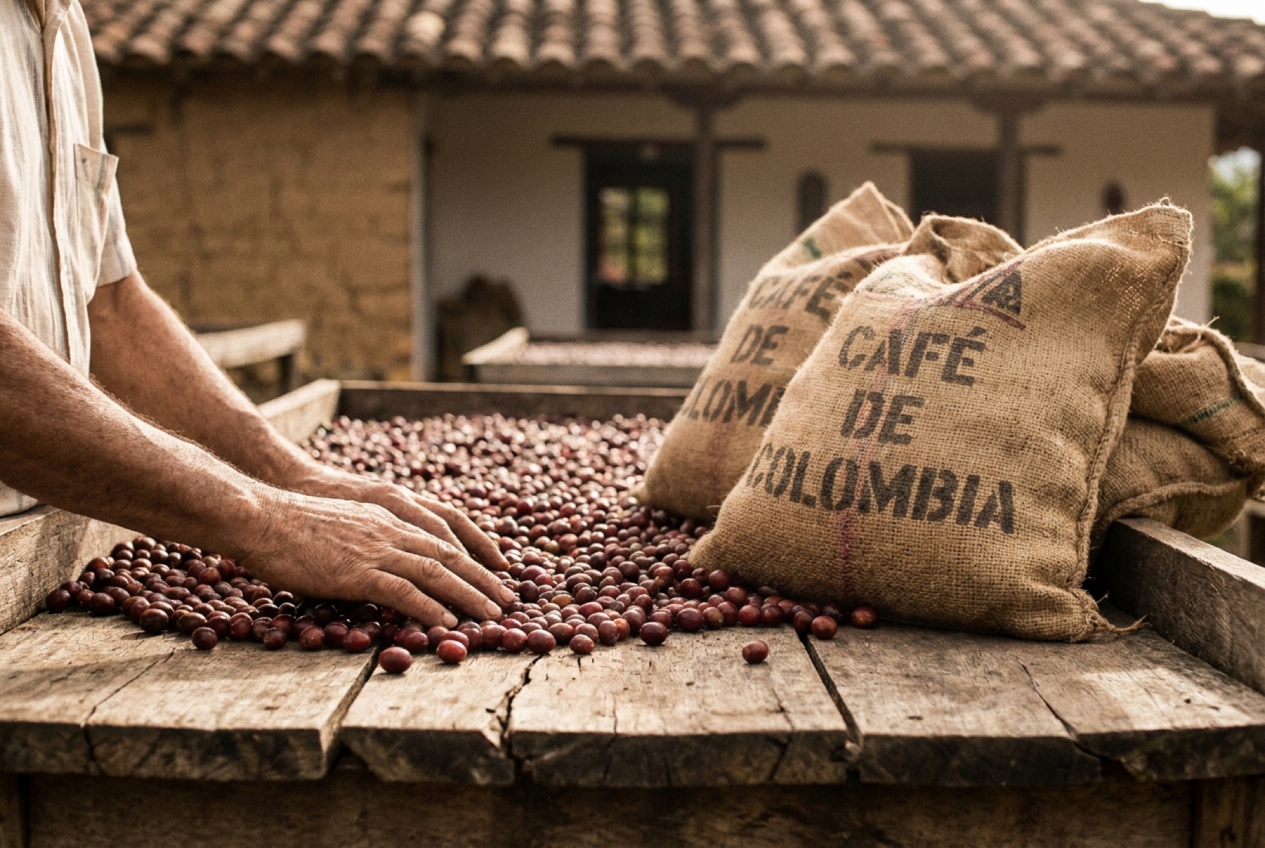 Cerezas de café secándose y sacos de fique en el patio de la hacienda